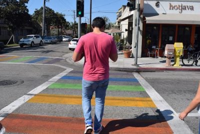 Rainbow crosswalks connect Broadway and Junipero Avenue in Long Beach. Photo by Anthony Bibian. 